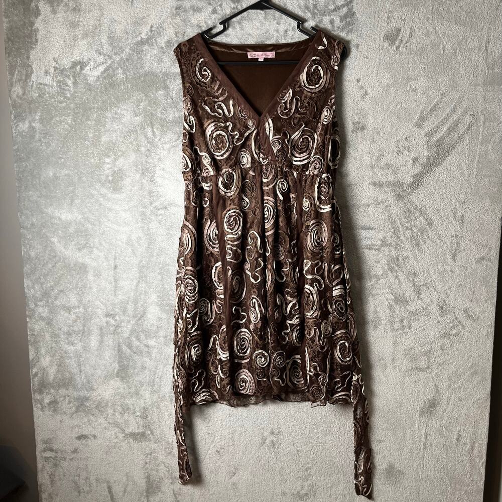 Vintage Y2K Brown Textured Tulle Babydoll‎ V Neck Sleeveless Dress Boho Indie LG